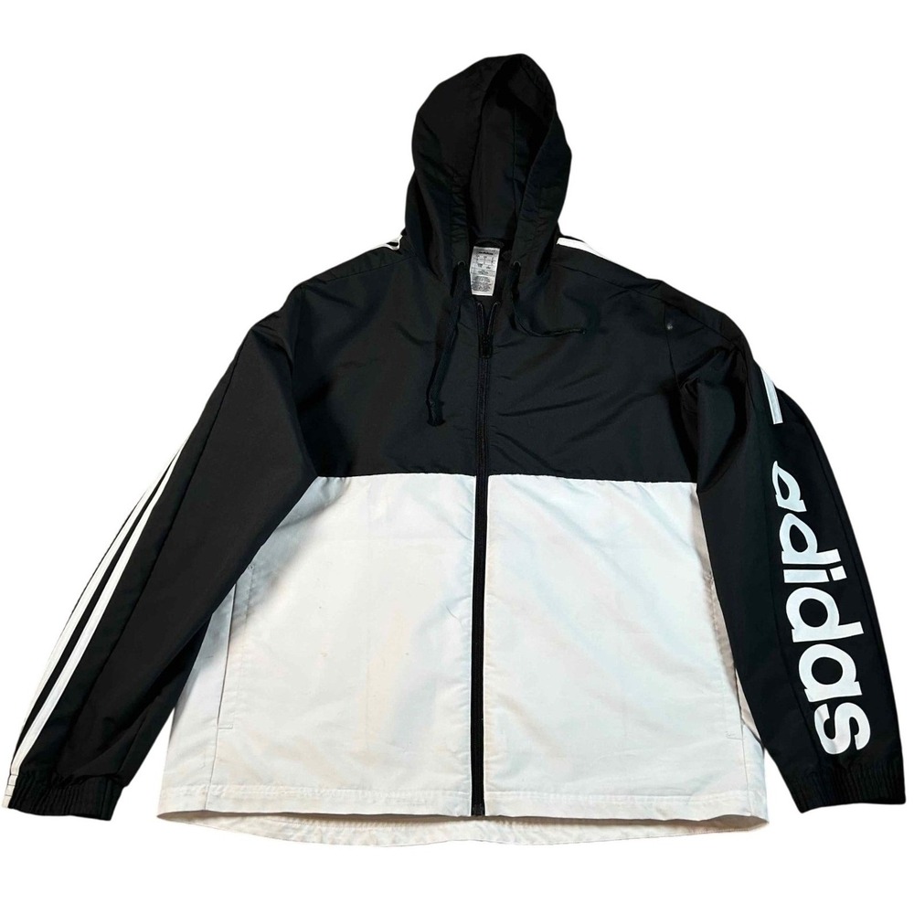 Adidas Mens Windbreaker Hoodie Jacket Large Black White Colorblock Full Zip Logo
